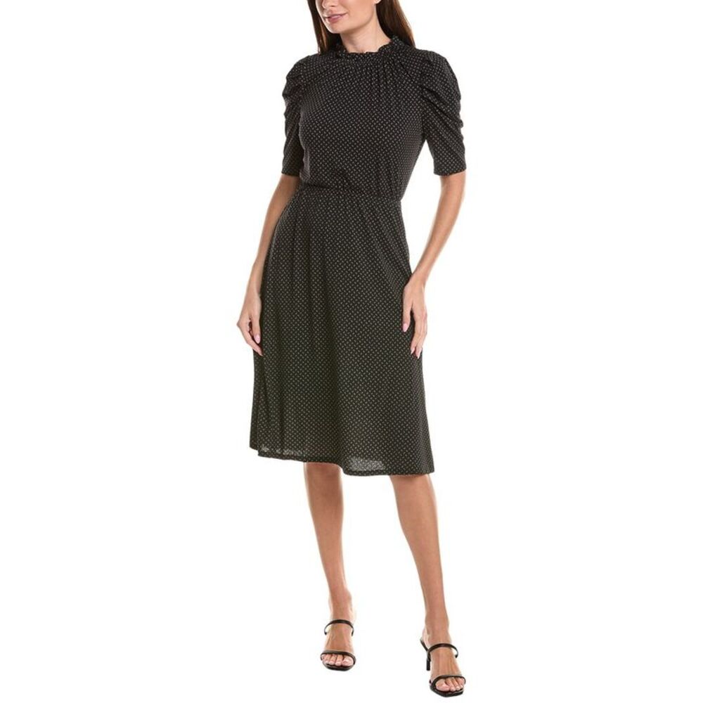 Adrianna Papell Womens Printed Knit Moss Crepe Ruffle Neck Dress, Black